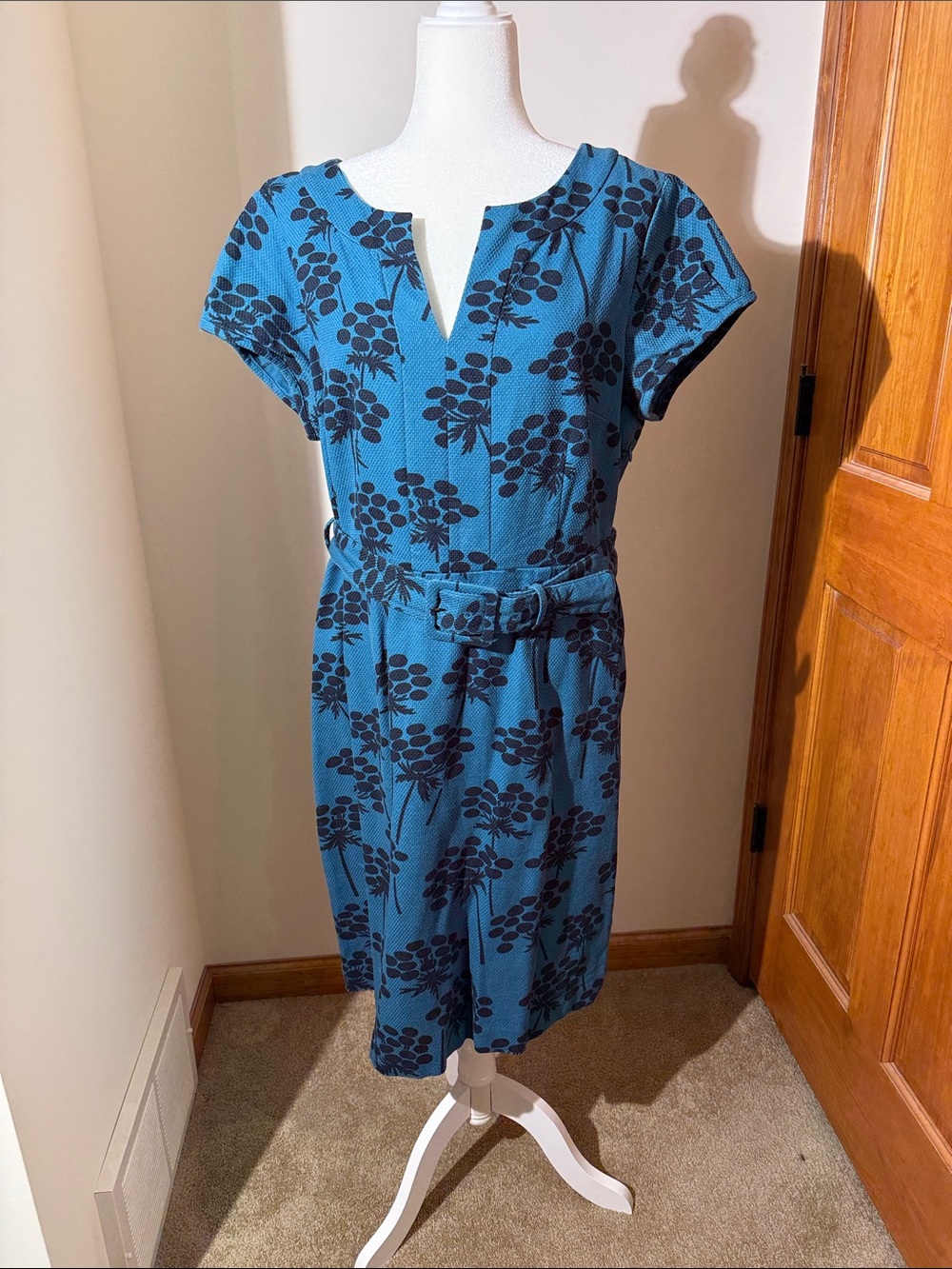 Boden Teal Blue Floral Belted Midi Dress